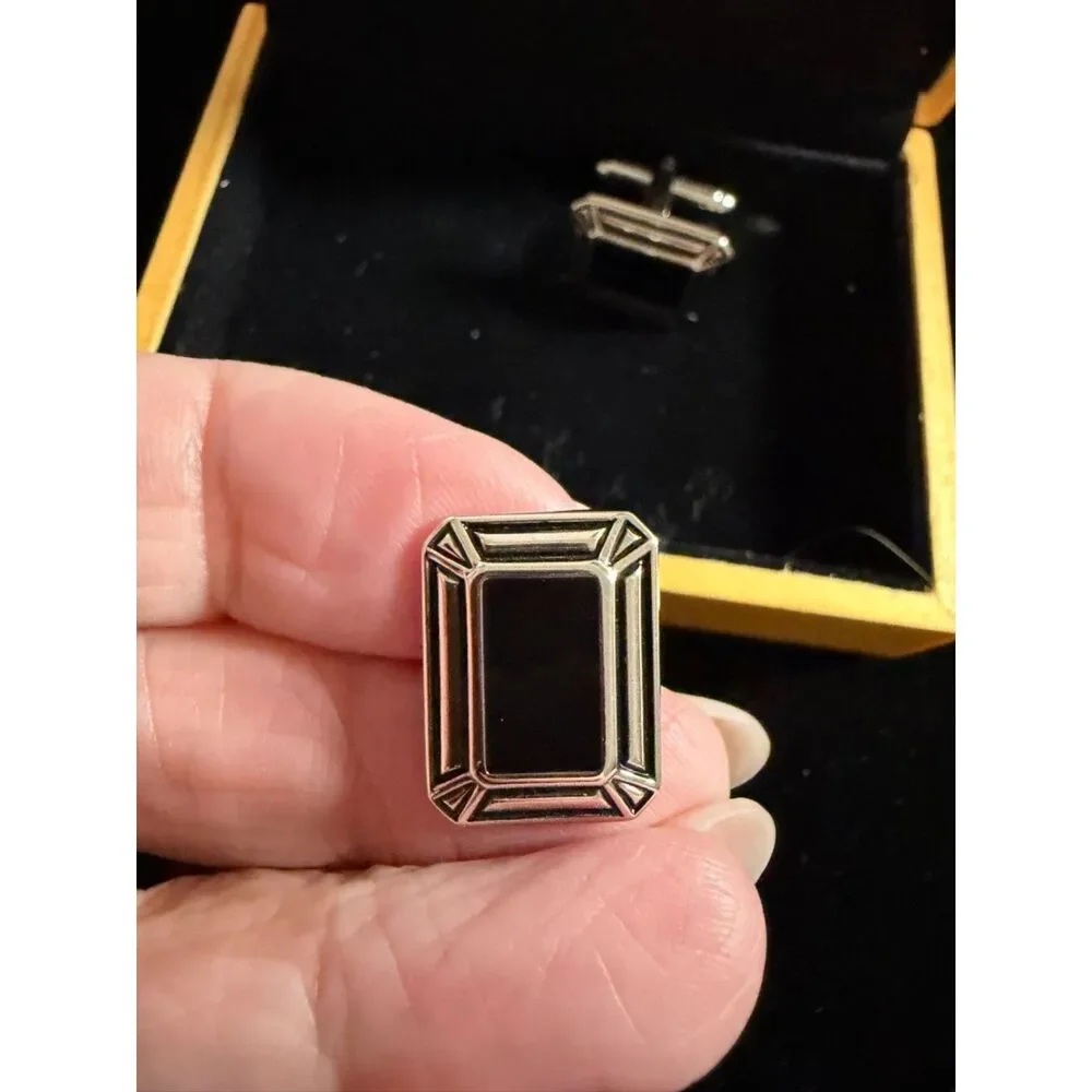 Geoffrey Beane Mens Cuff links Silver with black enamel NIB